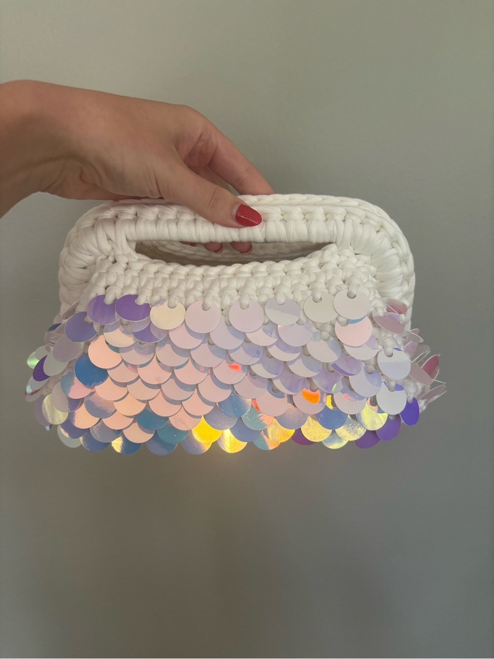 White Crochet Handheld Clutch with Iridescent Sequins